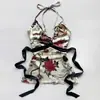 Top sin mangas estilo europeo y americano con cuello halter y estampado picante, cintura con amarre, espalda descubierta, escote pronunciado, top corto estilo vacacional vintage