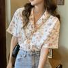 Verão de 2025 novo estilo Hong Kong retrô slim all-match estampado gola de terno manga curta blusa de chiffon estilo top
