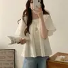 Camisa corta chic coreana elástica fruncida de cuello cuadrado, corte holgado, con mangas de campana grandes
