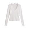 Sweet Spice Girl cáqui Camisa de base interna Slim-fit Top curto Costura de renda pura Camiseta de manga comprida feminina primavera e outono