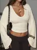 Ropa Femenina Transfronteriza Europea y Americana Otoño/Invierno 2026: Top Picante de Chica con Escote en V Profundo, Texturizado, Acampanado, Manga Larga y Cintura Corta Ceñida