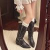 Botas de Tacón Grueso Retro Negras de Moda para Mujer Verano 2025 Nuevo Estilo con Falda Botas Vaqueras del Oeste