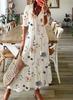Vestido Largo Casual Dulce Holgado con Cuello en V Estampado de Bigote Colgante de Manga Media para Mujer en Stock