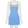 Vestido de tirantes retro Y2K para mujer con bloques de color, ribete azul y amarillo, corte ajustado, adecuado para la costa y la playa, vestido corto de vacaciones de moda