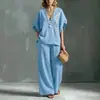 2026 Novo Estilo Transfronteiriço Amazon Conjunto Feminino de 2 Peças Tamanho Plus Algodão Linho Conjunto Casual Calça Longa Solta de Cintura Alta