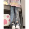 Jeans Bordado com Urso Azul Feminino 2025 Novo Outono e Inverno Retrô Slim Solto Perna Reta Cintura Alta Calças de Perna Reta