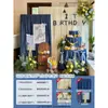 Festa de 1 Mês, 30 Dias, 100 Dias e Primeiro Aniversário do Bebê - Cenário Simples Estilo Coreano - Pacote de Decoração com Cortina Azul para Menino