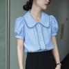 Tiro Real Camisa Azul Mujer Cuello de Muñeca Verano Pequeña Camisa Francesa Mujer Dulce Top de Manga Corta
