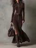 2025 En Stock Alta Calidad Doble Cara Cachemir Nuevo Otoño Moda Europea y Americana Elegante Temperamento Cremallera Cuello Alto Vestido