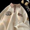 Waffle polo camisola dos homens primavera e outono ins moda marca bordada lapela americana retro casal pesado jaqueta de manga comprida