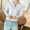 Algodón Puro 2025 Otoño Nuevo Estilo Algodón Puro Cuello en V Manga Larga Camiseta para Mujer, Estilo Coreano Ajustado Camiseta Básica, Top Adelgazante para Estudiantes