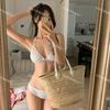 Conjunto de Bikini Ondulado de Lunares con Volantes Estilo Girly Pure Desire para Vacaciones Sujetador Halter con Cordones Bikini Sexy de Cintura Baja