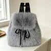 Mochila de felpa con cordón de piel sintética de zorro para otoño e invierno para mujer, bolso peludo versátil casual estilo coreano