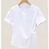 Camiseta de manga corta de color liso con cuello redondo y hombros normales, ajuste holgado irregular retorcido adelgazante, talla grande, para primavera y verano, venta al por mayor transfronteriza
