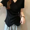 Camiseta Irregular de Manga Curta com Decote V Plus Size para Mulheres, Estilosa de Verão com Novo Design, Ajuste na Cintura, Top Aderente para Usar por Cima