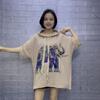 Camiseta de manga corta con capucha y estampado de elefante europeo para mujer, nueva camiseta de 2024 con diseño antiedad holgado y perforado en caliente para industria pesada