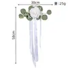 Flor artificial de rosa blanca para respaldo de silla con hojas de eucalipto y cintas largas, flor de decoración para silla de boda, flor de decoración para manija de puerta de coche de boda