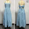 8 cores, popular nos mercados europeu e americano, vestido feminino sem costas com amarração no pescoço, saia em camadas, detalhe de amarrar e um grande laço na cintura, qualidade de exportação
