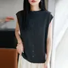 Cárdigan sin mangas de punto de algodón mercerizado estilo francés con cuello redondo y bordes enrollados, nuevo diseño de botón, top de moda sencillo estilo coreano