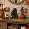 Decorações de Madeira Vintage de Halloween para o Outono Incluem Elementos de Fantasma, Gato Preto e Abóbora para o Halloween
