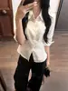 Camisa branca de linho com mangas médias para mulheres, primavera/verão, versátil e estilosa, Camisa de algodão e linho com gola polo, estilo francês, top que acintura