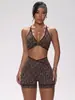 Conjunto de Yoga de Dos Piezas con Estampado de Leopardo Popular Sin Costuras de Shein Transfronterizo con Sujetador de Espalda Cruzada Sin Almohadillas en el Pecho