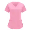 Ropa de Trabajo Estilo Enfermera Europea y Americana Transfronteriza Camisa de Color Puro Cuello en V Pantalones con Bolsillo Grande de Solapa Camiseta de Manga Corta Talla Estándar/Talla Grande para Mujer