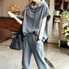 Conjunto de Suéter de Moda con Capucha de Manga Corta para Mujer Estilo Coreano Moda Talla Grande Pantalones Harlan Casuales Top de Color Sólido Conjunto de Dos Piezas
