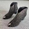2025 Nuevas Botas de Moda de Metal con Lentejuelas y Punta Fina Botines Cortos con Pedrería Estilo Extranjero de Gama Alta Tacones Altos Negro