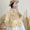 Nova Camisa com Bordado Pesado para Esconder a Barriga Novo Estilo Chinês Top de Luxo Leve para Mulheres Verão Artístico Retrô Solto Manga de Cinco Pontos Blusa