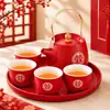 Set de Té Gongfu Rojo Chino para Boda Tazas con Boca Modificada para Ceremonia de Té Bandeja de Té de Cerámica Nuevo Regalo de Boda para Mejor Amigo Souvenir