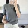 Verão novo estilo puro algodão tricotado gola redonda simples listra vertical cor sólida versátil estilo coreano slim fit manga curta blusa feminina