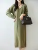 Otoño e Invierno Cuello en V Vestido Tejido de Lana Pura 100% para Mujer Suelto Largo hasta la Rodilla Vestido Suéter Bajo Cachemira Falda Larga