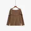 Blusa de tricô com visual de duas peças, estilo francês, para mulheres plus size, Outono 2026, top elegante com decote ombro a ombro para mulheres plus size 25135