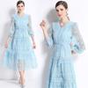 Vestido Elegante de Renda com Decote V e Mangas Bufantes para Socialite de Alto Padrão, Feminino, de Botão Único, com Efeito Emagrecedor na Cintura, Saia Longa Franzida