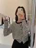 Cardigan Listrado Estilo Japonês de Lã Fina de Duas Folhas Color Block Elegante Suéter Básico de Tricô com Gola Redonda Solta Jaqueta Tricotada Roupa Feminina