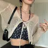 Cardigan Tricotado Feminino Verão com Cadarço Vazado de Manga Longa Estilo Doce e Picante Design de Rua Top Curto