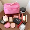 Bolsa de Cosméticos Rayada Rosa, Gran Capacidad, Neceser de Viaje Portátil para Mujeres, con Espejo, para Retoques de Maquillaje, Bolsa Portátil para Guardar Cosméticos