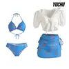 2026 Novo Estilo Dopamina Praiano Feminino Verão Manga Curta Amarração na Frente Camisa Azul Biquíni Duas Peças Estilo Saia