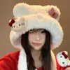 Gorro de tricô para outono e inverno, estilo gato, com abas para as orelhas, forro de pelúcia, espessado para aquecimento, design fofo de desenho animado, faz o rosto parecer menor