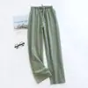 Calça de pijama para casal calça feminina lavada gaze de algodão puro primavera e outono verão fina xadrez japonês calça de casa masculina folgada