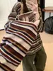 Diseño retro estilo coreano, camiseta de manga larga a rayas de bloques de color para mujer, corte holgado y relajado, perfecta para principios de otoño, uso casual y como capa base.