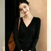 Moda de Temperamento Otoño 2026 Cardigan de Manga Larga con Cuello en V Prendas de Abrigo de un Solo Botón Versátil Color Sólido Top Adelgazante