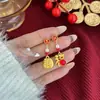 Brincos Assimétricos Ankela Laço Vermelho Festivo de Ano Novo, Brincos Estilo Chinês Doce Despertar do Leão Saco de Dinheiro Retrô para Mulheres