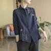 Nuevo Top de Algodón Puro Talla Grande para Primavera y Otoño, Camisa de Manga Larga Sencilla y Artística para Mujer, Blusa Holgada y Versátil Bordada con Flores