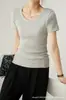 Camiseta de manga corta acanalada con cuello en U para mujer, nuevo estilo verano 2026, corte ajustado, diseño holgado, top versátil, camiseta básica