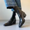 En Stock Botines Retro Cuadrados de Tacón Grueso Piel Suave Patchwork Botas Chelsea Versátiles Negras para Mujer Nuevo Estilo Delgado