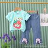 Novo Estilo Roupas de Verão Infantis para Meninas Desenho Animado Padrão Fofo Camisa de Manga Curta + Calça Jeans com Laço Conjunto de Duas Peças Atacado