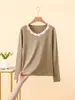 Nuevo Top Básico de Encaje Patchwork de Manga Larga para Mujer Otoño/Invierno 2026, Top Interior de Cuello Redondo, Engrosado Cepillado para Calidez, Ropa de Otoño