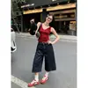 Jeans Crop Rectos Azul Oscuro para Mujer, Nuevo Estilo de Verano, Pantalones Anchos de Pierna Ancha de Cintura Alta Sueltos Estilo Retro Americano